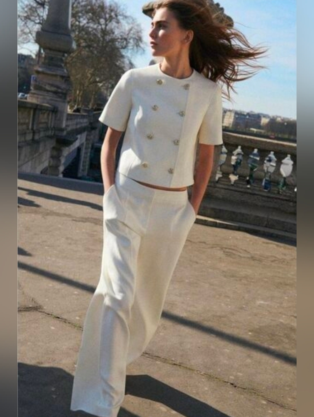 NWT Zara Short Sleeve Gold Button Double-Breasted Blazer Ivory